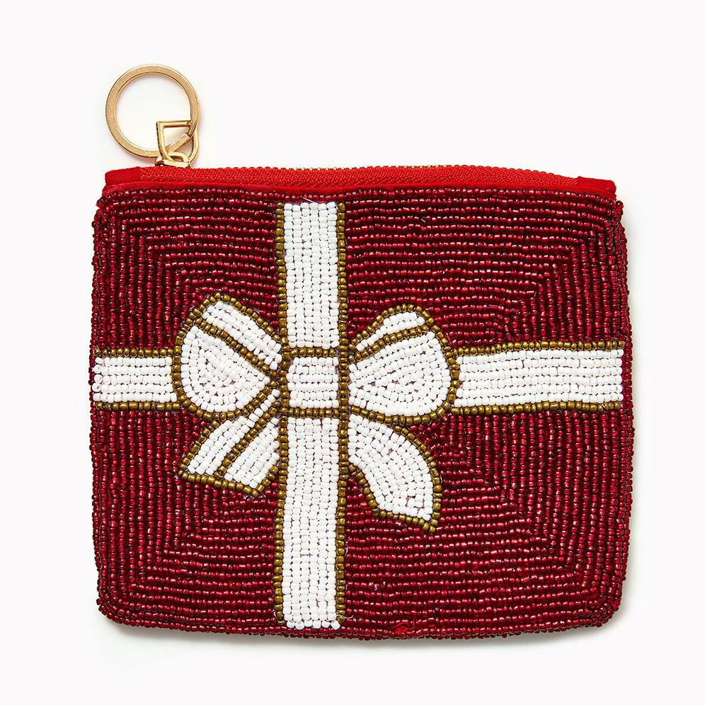 Beaded Bow Zip Pouch with Key Ring