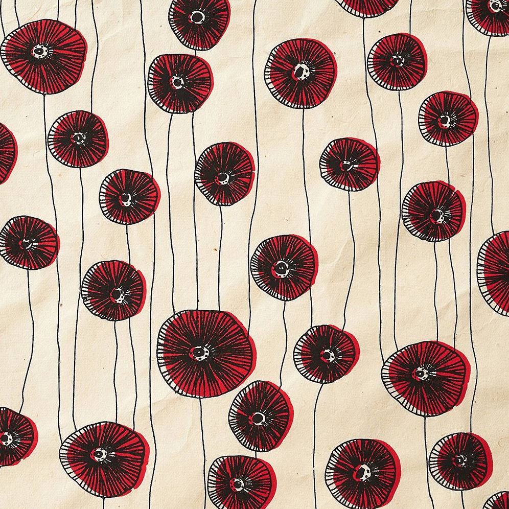 Red Flower Bloom on Cream Handmade Paper